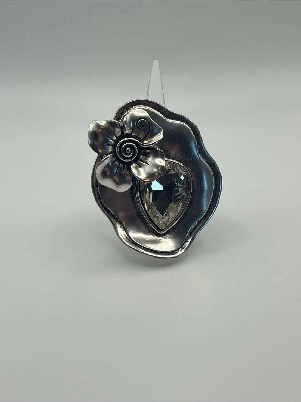 Silver Tone Floral Statement Stretch Ring